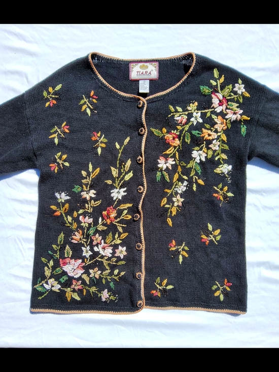 Tiara International Sweaters - Vintage TIARA International Embroidered Beaded Floral Button Front Cardigan